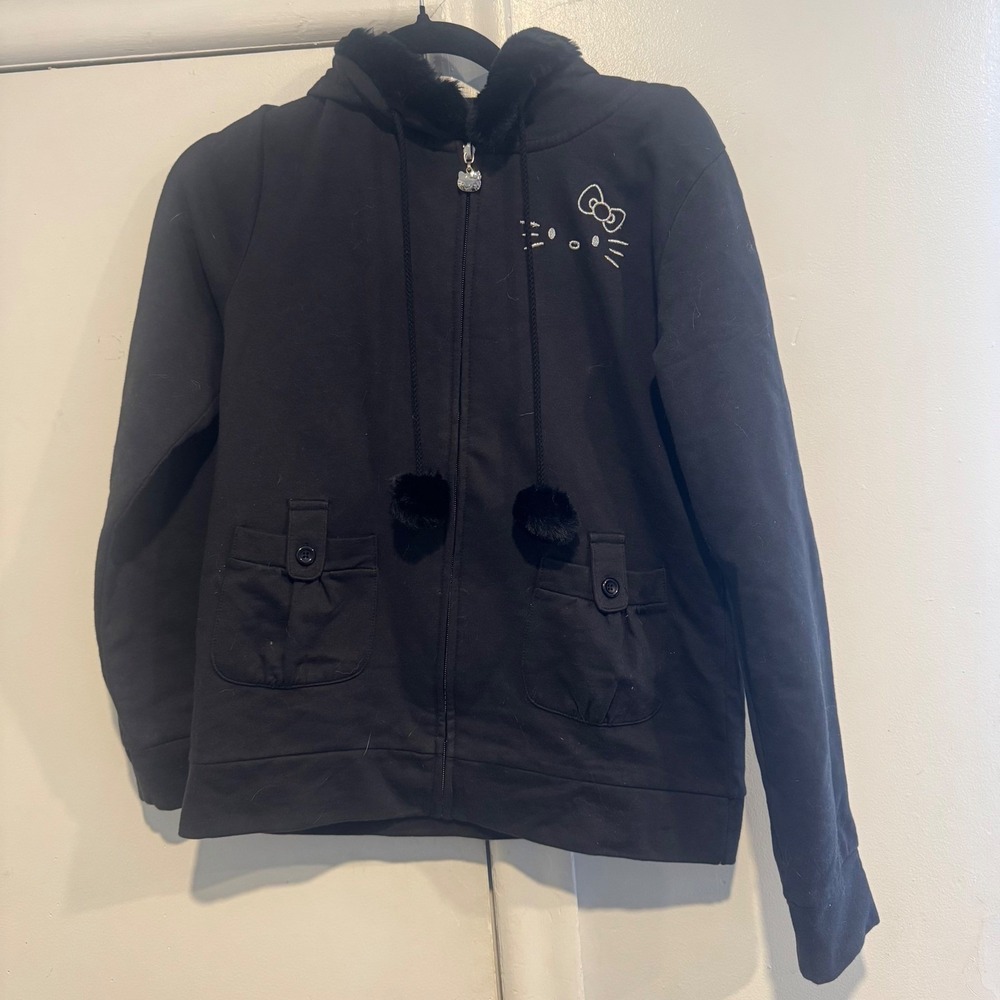 Ki-La-Ra Sanrio Hello Kitty Black Zip Up Hoodie Faux Fur Trim Pom Poms Large
